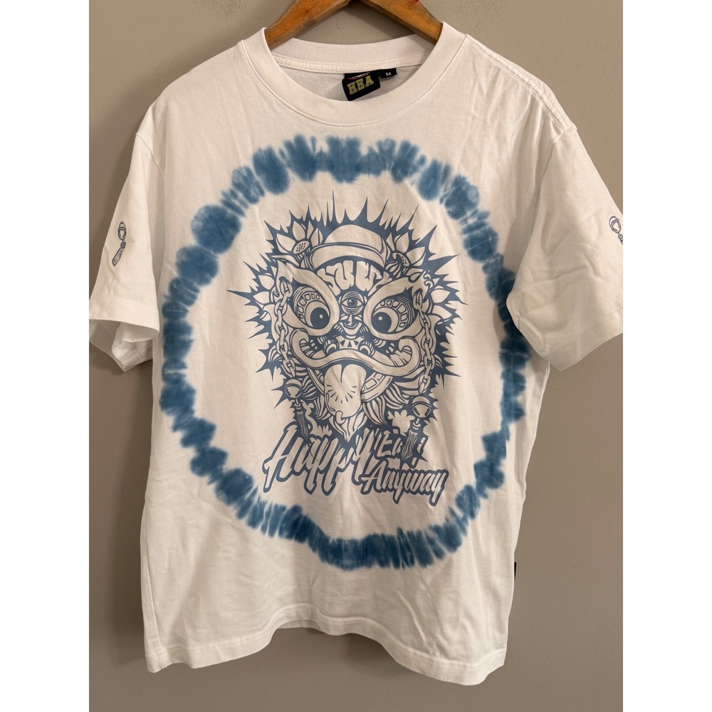 HEA Lion Dance Graphic T-Shirt Mens Size M White Blue Tie Dye Happy Anyway‎